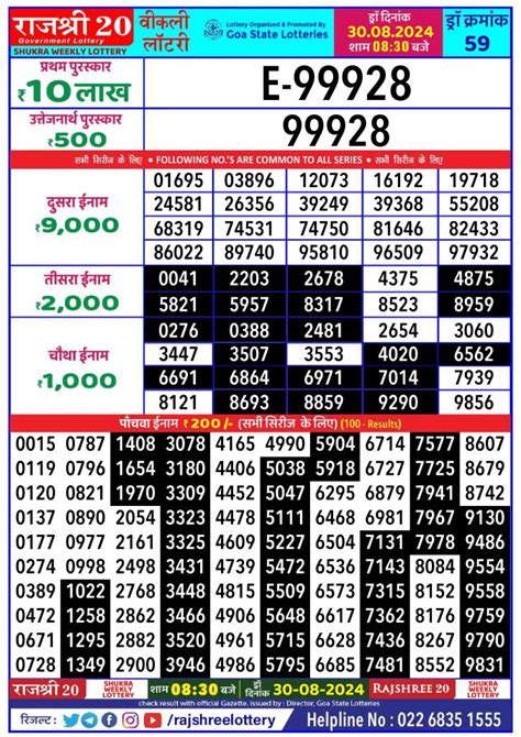 RAJSHREE 20 SHUKRA WEEKLY LOTTERY Dated 30 AUG .